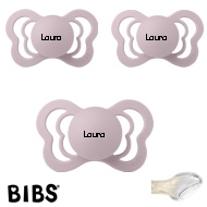BIBS Couture Sutter med navn str2, Dusky Lilac, Anatomisk Silikone, Pakke med 3 sutter